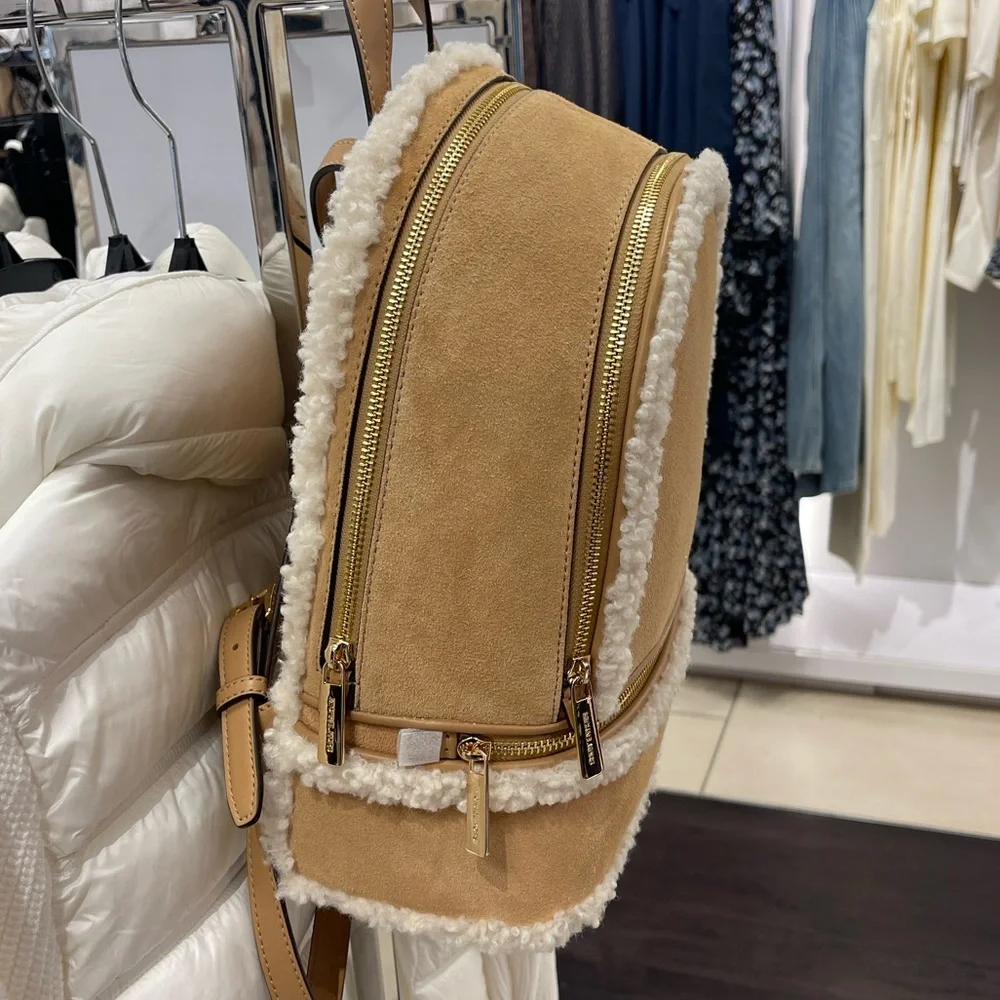 MICHAEL KORS Rhea Medium Suede and Faux Shearling Backpack Peanut NWT